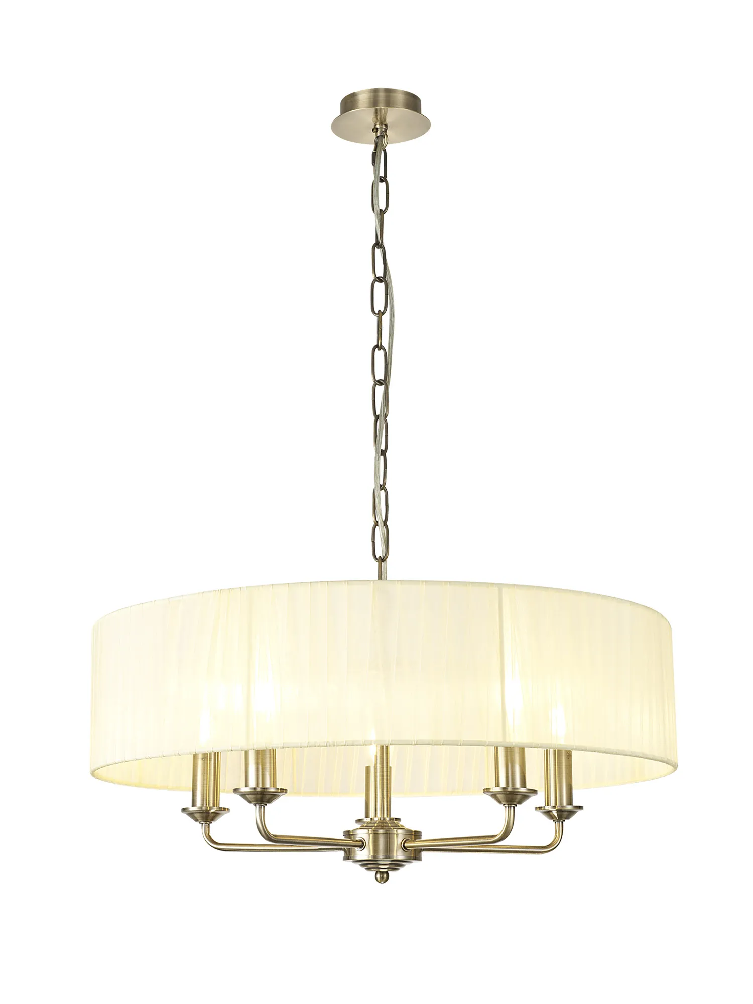 DK0866  Banyan 5 Light Multi Arm Pendant With 60cm x 15cm Organza Shade Antique Brass/Cream